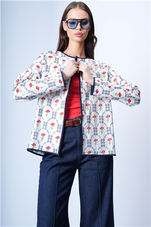 Kadın Ekru-Lacivert Çiçek Desenli Biyeli Dokuma Ceket Alc-X14934