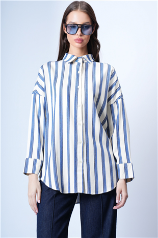 Kadın Ekru-Lacivert Oversize Çizgili Gömlek Alc-X14930