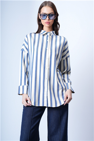 Kadın Ekru-Lacivert Oversize Çizgili Gömlek Alc-X14930