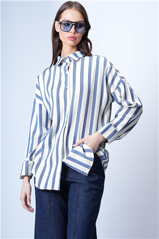 Kadın Ekru-Lacivert Oversize Çizgili Gömlek Alc-X14930