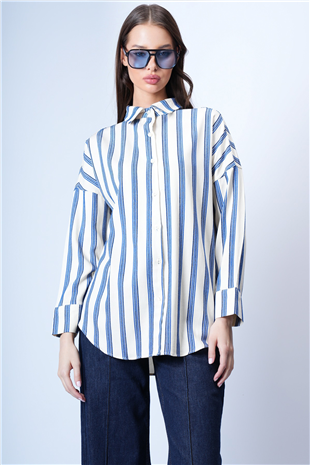Kadın Ekru-Lacivert Oversize Çizgili Gömlek Alc-X14930