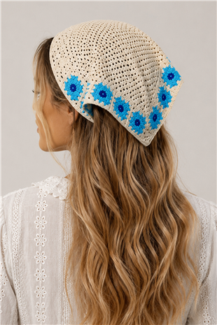 Ekru-Mavi Çiçek Motifli Bandana Alc-X15560