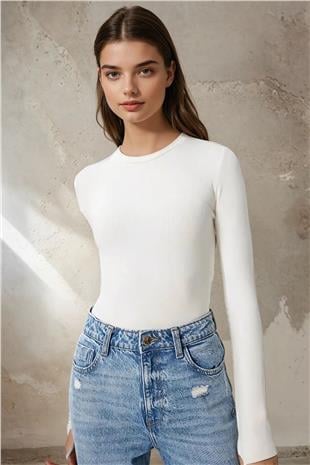 Kadın EKRU Parmak Detaylı Bisiklet Yaka Basic Bluz VS01469