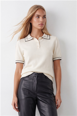 Kadın Ekru Polo Yaka Düğmeli  Triko Bluz Alc-X15771
