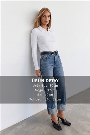 Kadın Ekru Polo Yaka Yarım Pat Düğmeli Kaşkorse Bluz Alc-X15598