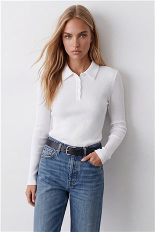 Kadın Ekru Polo Yaka Yarım Pat Düğmeli Kaşkorse Bluz Alc-X15598