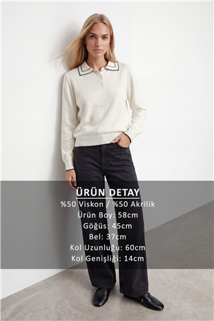 Kadın Ekru Polo Yaka Yumuşak Dokulu Triko Bluz Alc-X15966