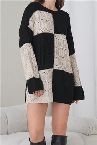 Kadın Ekru Siyah Bisiklet Yaka Desenli Mini Triko Elbise Alc-X14907