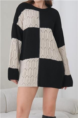 Kadın Ekru Siyah Bisiklet Yaka Desenli Mini Triko Elbise Alc-X14907