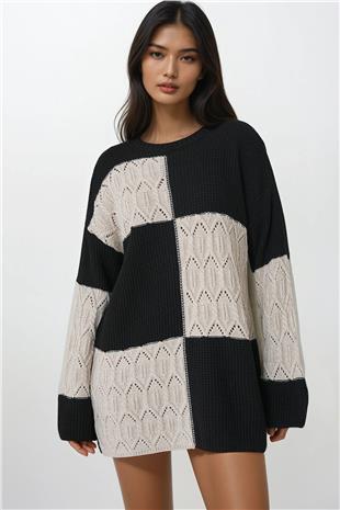 Kadın Ekru Siyah Bisiklet Yaka Desenli Mini Triko Elbise Alc-X14907