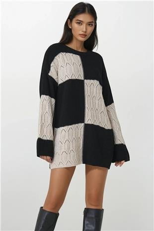 Kadın Ekru Siyah Bisiklet Yaka Desenli Mini Triko Elbise Alc-X14907