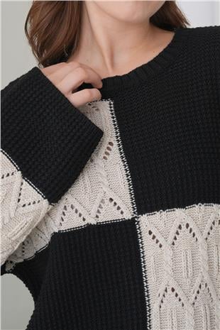 Kadın Ekru Siyah Bisiklet Yaka Desenli Mini Triko Elbise Alc-X14907