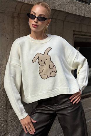 Kadın EKRU Tavşan Baskılı Bisiklet Yaka Oversize Triko Kazak VS01420