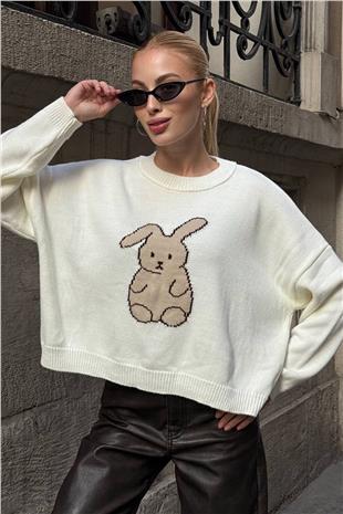 Kadın EKRU Tavşan Baskılı Bisiklet Yaka Oversize Triko Kazak VS01420