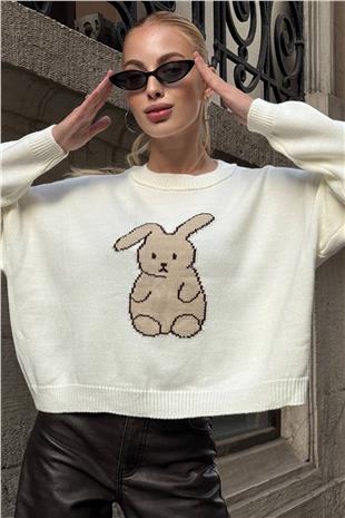 Kadın EKRU Tavşan Baskılı Bisiklet Yaka Oversize Triko Kazak VS01420