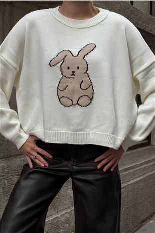 Kadın EKRU Tavşan Baskılı Bisiklet Yaka Oversize Triko Kazak VS01420