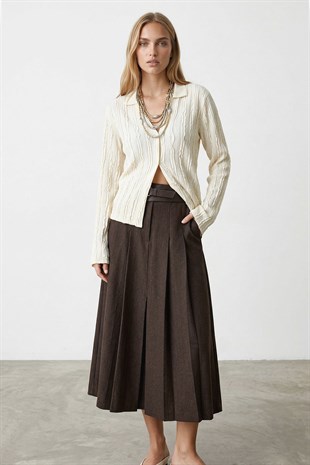 Kadın Ekru V Yaka İspanyol Kol Fırfır Kumaş Gömlek Alc-X15404