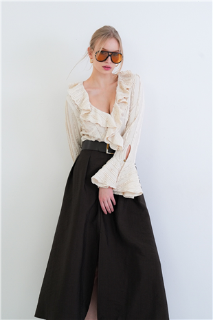 Kadın Ekru V Yaka Volanlı İspanyol Kol Fırfır Bluz Alc-X15430