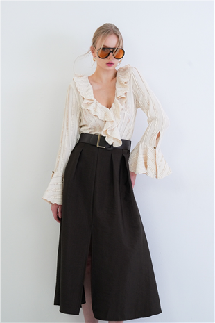 Kadın Ekru V Yaka Volanlı İspanyol Kol Fırfır Bluz Alc-X15430