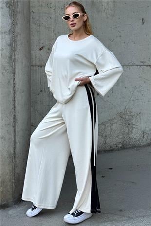 Kadın EKRU Yan Şerit Detaylı Oversize İkili Takım VS01580