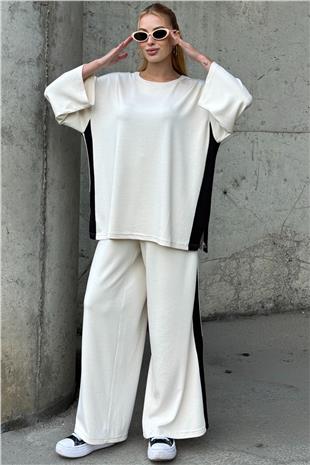 Kadın EKRU Yan Şerit Detaylı Oversize İkili Takım VS01580