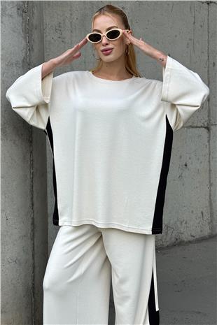 Kadın EKRU Yan Şerit Detaylı Oversize İkili Takım VS01580