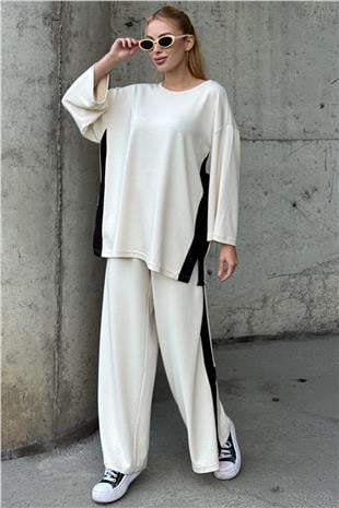 Kadın EKRU Yan Şerit Detaylı Oversize İkili Takım VS01580