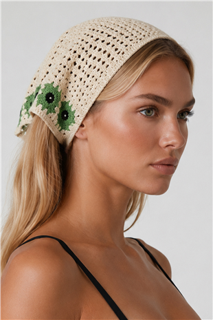 Ekru Yeşil Çiçek Motifli Bandana Alc-X15560