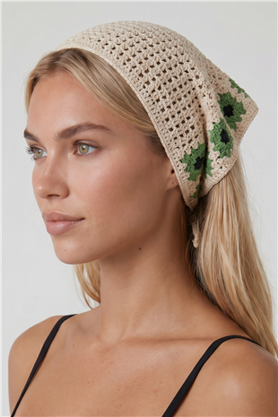 Ekru Yeşil Çiçek Motifli Bandana Alc-X15560