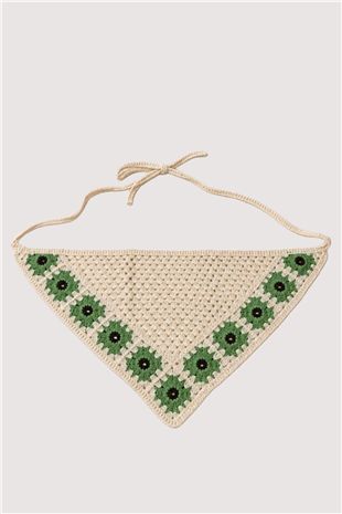 Ekru Yeşil Çiçek Motifli Bandana Alc-X15560