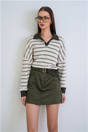 Kadın Ekru-Yeşil Polo Yaka Renk Bloklu Oversize Sweatshırt Alc-X15291