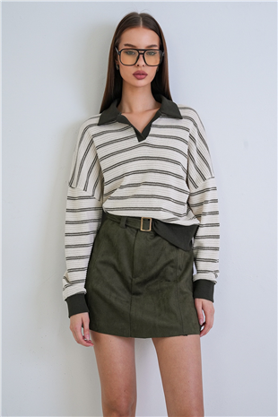 Kadın Ekru-Yeşil Polo Yaka Renk Bloklu Oversize Sweatshırt Alc-X15291