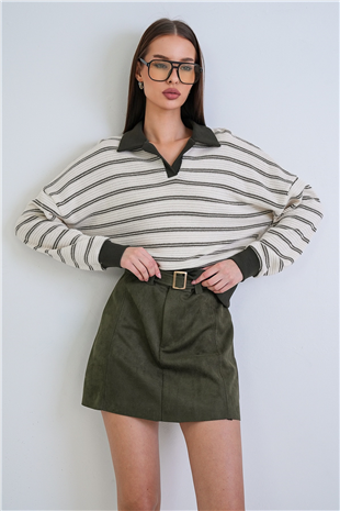 Kadın Ekru-Yeşil Polo Yaka Renk Bloklu Oversize Sweatshırt Alc-X15291
