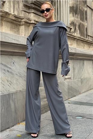 Kadın Füme İki İplik Geniş Yaka Salaş Kesim Bluz Beli Lastikli Geniş Paça Pantolon Takım VS01584
