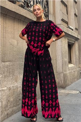 Kadın Fuşya Bisiklet Yaka Desenli Bluz Ve Pantolon Takım VS00801