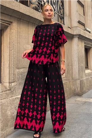 Kadın Fuşya Bisiklet Yaka Desenli Bluz Ve Pantolon Takım VS00801