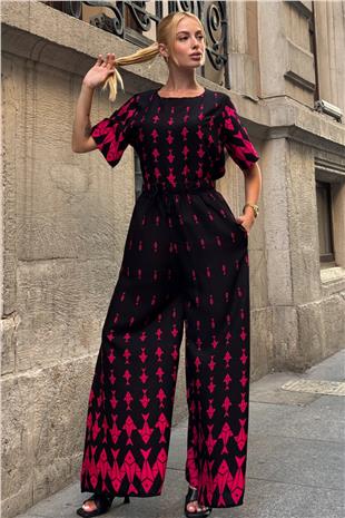 Kadın Fuşya Bisiklet Yaka Desenli Bluz Ve Pantolon Takım VS00801