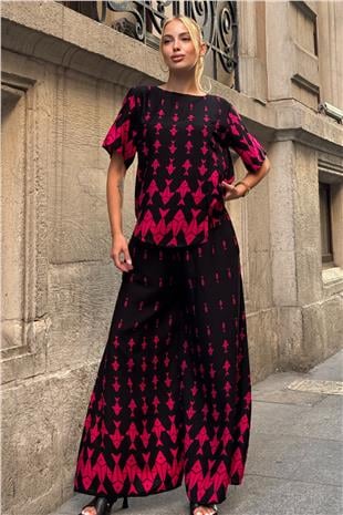 Kadın Fuşya Bisiklet Yaka Desenli Bluz Ve Pantolon Takım VS00801