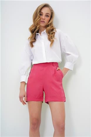 Kadın Fuşya Çift Cepli Duble Paça Gizli Fermuarlı Keten Şort ALC-X13767