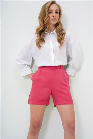 Kadın Fuşya Çift Cepli Duble Paça Gizli Fermuarlı Keten Şort ALC-X13767