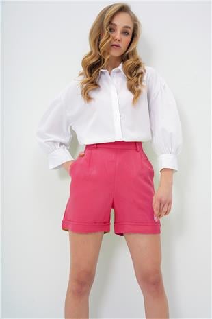Kadın Fuşya Çift Cepli Duble Paça Gizli Fermuarlı Keten Şort ALC-X13767