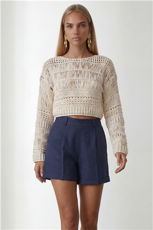 Kadın Gece Mavisi Çift Cepli Duble Paça Gizli Fermuarlı Keten Şort Alc-X13767