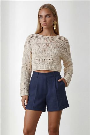 Kadın Gece Mavisi Çift Cepli Duble Paça Gizli Fermuarlı Keten Şort Alc-X13767