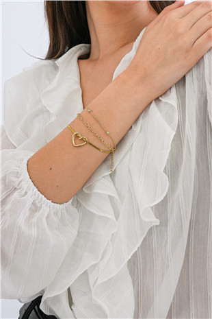 Kadın Gold 3 Lü Karışık Kalp Charmlı Bileklik Set Alc-X15342