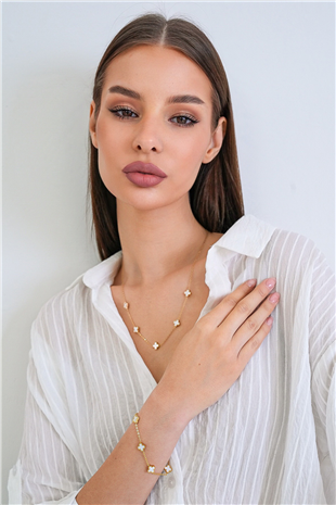 Kadın Gold Çelik Sedef Taşlı Mini Yonca Kolye Alc-X15349