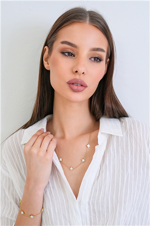 Kadın Gold Çelik Sedef Taşlı Mini Yonca Kolye Alc-X15349