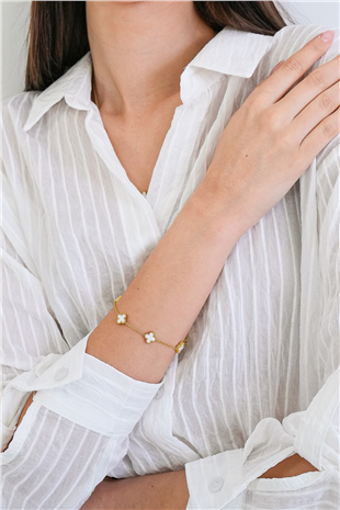 Kadın Gold Çelik Sedef Taşlı Mini Yonca Bileklik Alc-X15351