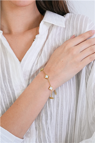 Kadın Gold Çelik Sedef Taşlı Mini Yonca Bileklik Alc-X15351