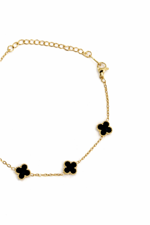Kadın Gold Çelik Siyah Taşlı Mini Yonca Bileklik Alc-X15352