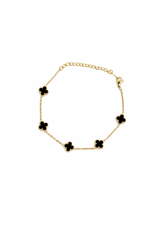 Kadın Gold Çelik Siyah Taşlı Mini Yonca Bileklik Alc-X15352